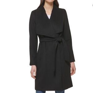Cole Haan Signature Wool Blend Wide Collar Belted Coat Black US 12 NEW MSRP $400